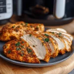 Juicy air fryer chicken breasts seasoned with herbs and spices, served on a dark plate with cherry tomatoes and parsley.