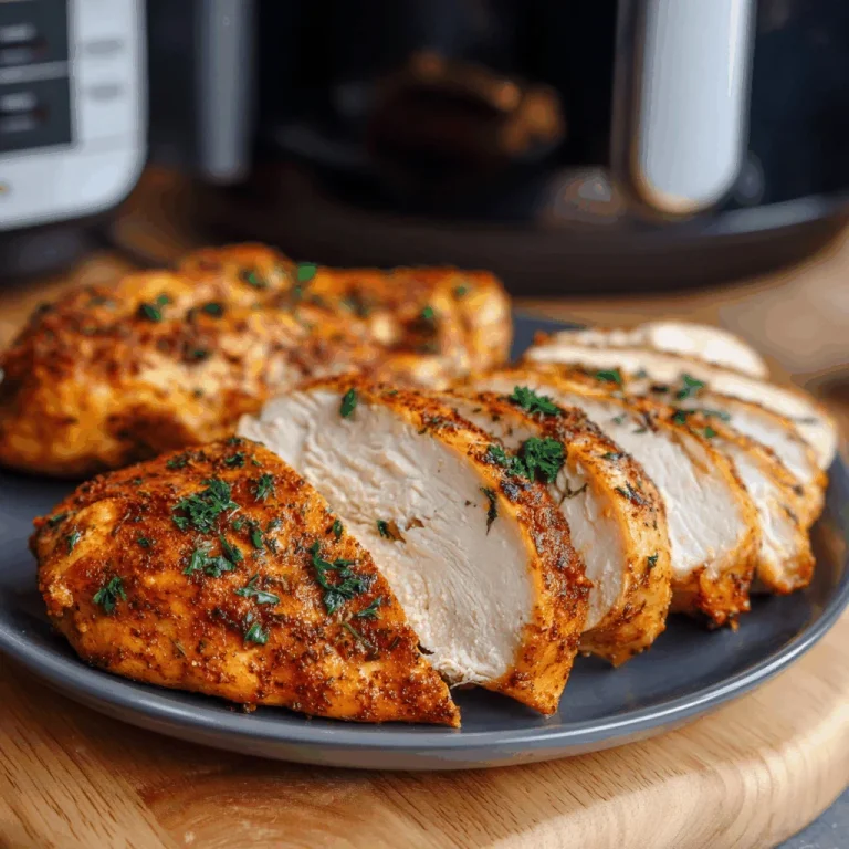Juicy air fryer chicken breasts seasoned with herbs and spices, served on a dark plate with cherry tomatoes and parsley.
