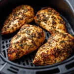 Juicy air fryer chicken breasts served on a bed of arugula salad.