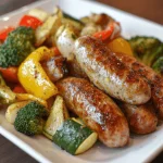 Air fryer chicken sausage and veggies served over cauliflower rice in a white bowl.