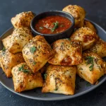 Close-up of golden-brown, air-fried pizza rolls sprinkled with herbs and cheese.