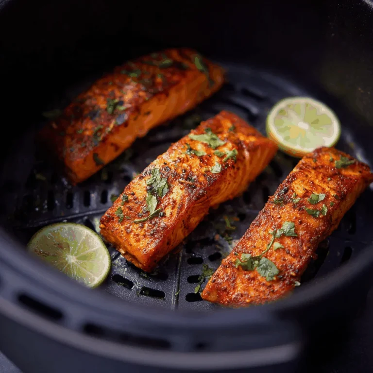 Delicious air-fried salmon fillet garnished with parsley and lemon slices.