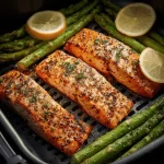 Close-up of a perfectly cooked salmon fillet with lemon slices and potatoes.