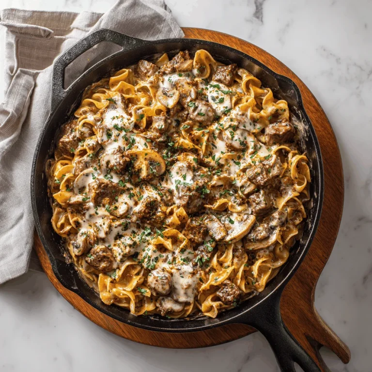 A skillet of classic beef stroganoff with melted cheese and fresh herbs.