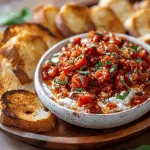 Close-up of Bruschetta dip topped with diced tomatoes, basil, and Parmesan cheese.