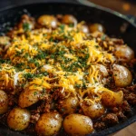 Cheesy ground beef and potatoes casserole in a blue baking dish.