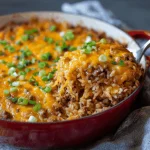 Close-up of a cheesy ground beef and rice casserole with a bite taken out, showing stringy cheese.