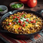 Cheesy Hamburger Rice Casserole in a brown bowl, topped with shredded cheese and parsley.