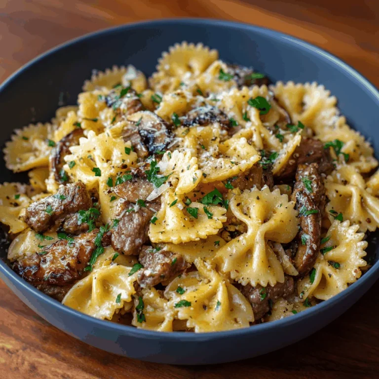 Creamy beef and garlic butter pasta in a cast iron skillet.