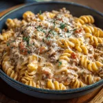 Creamy pasta dish with ground beef and Rotel tomatoes, topped with Parmesan cheese and parsley.