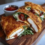 Three crispy air fryer chicken and mozzarella wraps on a wooden board.
