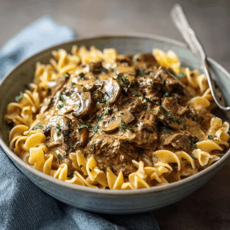 A Cozy Bowl of Crockpot Beef Stroganoff to Share Close-up of a bowl of creamy beef stroganoff served over egg noodles, garnished with parsley.