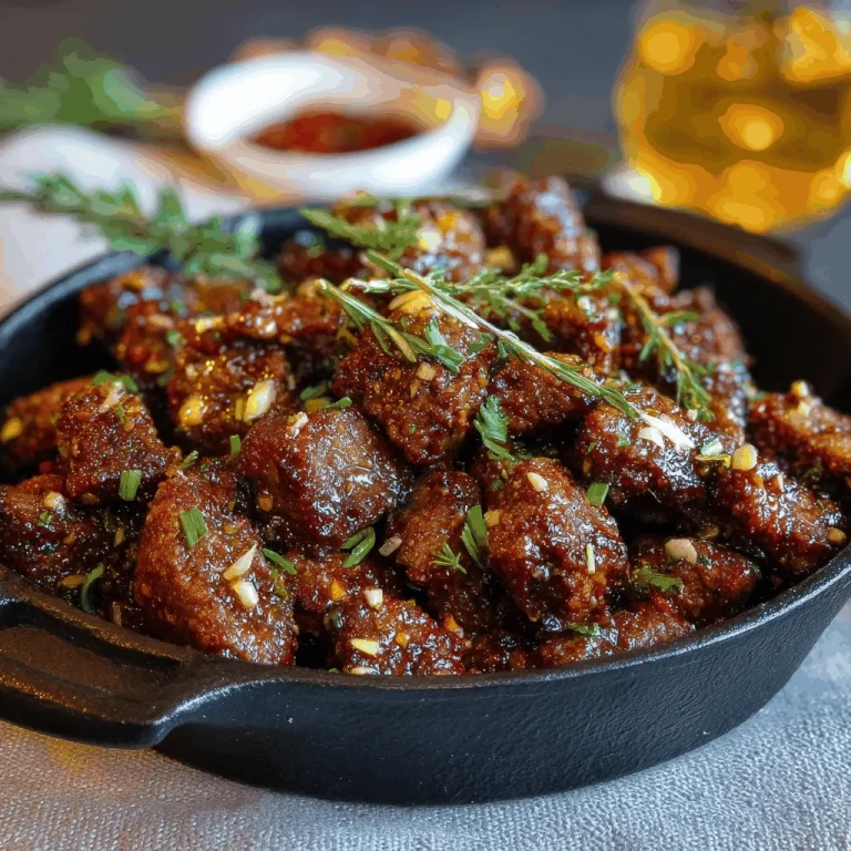 Savoring Garlic Butter Beef Bites That Feel Like Home Close-up of savory garlic butter beef bites and roasted potatoes, garnished with parsley.