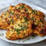 Crispy garlic parmesan air fryer chicken breast on a white plate.
