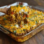 A close-up shot of a cheesy ground beef and potato casserole on a white plate.