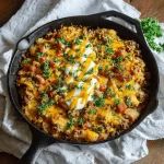 Close-up of a cheesy ground beef and potato casserole.