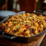 A delicious-looking casserole dish filled with ground beef and potatoes, topped with melted cheese and parsley.