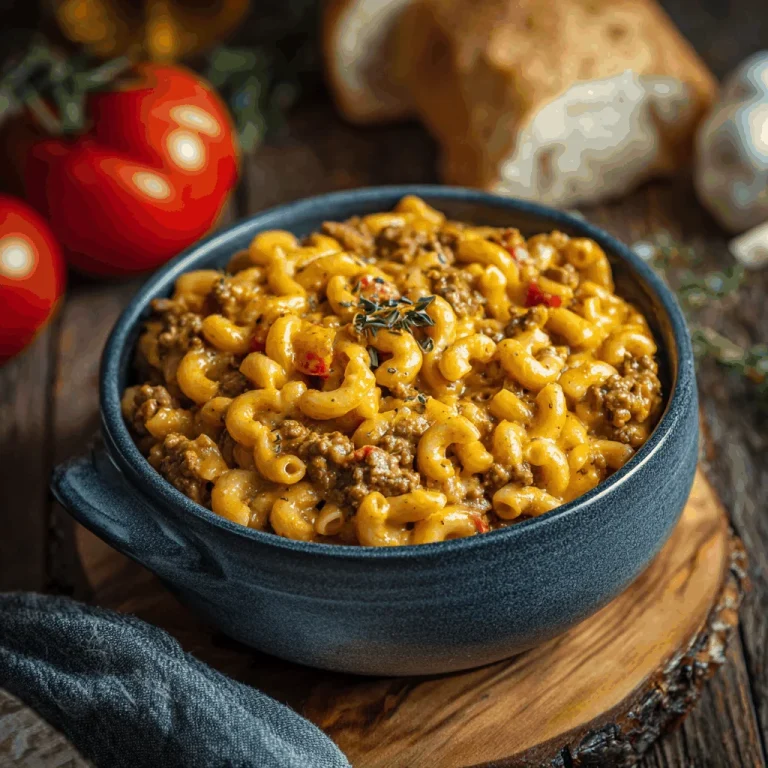 The Heartwarming Homemade Hamburger Helper That Brings Joy Close-up of a bowl of homemade hamburger helper, showing shell pasta in a creamy, cheesy sauce with ground beef.