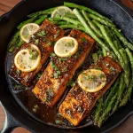 Two glazed salmon fillets on a plate with lemon slices and parsley.