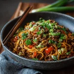 A delicious plate of Mongolian Ground Beef Noodles