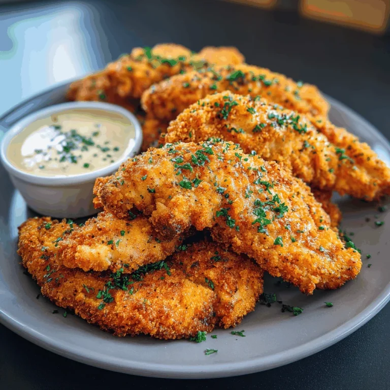 Tender Memories: Juicy No-Breading Chicken Tenders Close-up image of crispy, seasoned chicken tenders garnished with parsley and lemon slices.