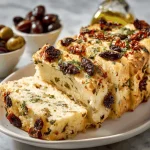 Slices of olive cheese bread topped with black and green olives and parsley.