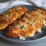 Crispy parmesan crusted chicken breasts in an air fryer basket.