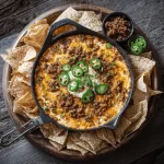 A wooden bowl of Texas Trash Dip, topped with cheese, pico de gallo, and tortilla chips.