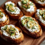 Overhead shot of several crostini topped with whipped feta, pecans, rosemary, and a sweet and spicy honey drizzle.