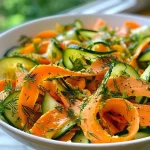 Side view of a fresh salad made from carrot and cucumber ribbons in a white bowl.
