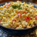A detailed shot of macaroni salad featuring small pieces of bell peppers and hard-boiled eggs.