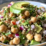 Side view of a colorful quinoa salad with red onion and olive oil dressing.