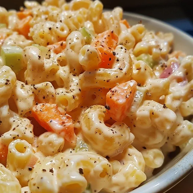 A Taste of Aloha: The Macaroni Salad That Brings Us Together A vibrant serving of Hawaiian macaroni salad featuring elbow macaroni and dressing.