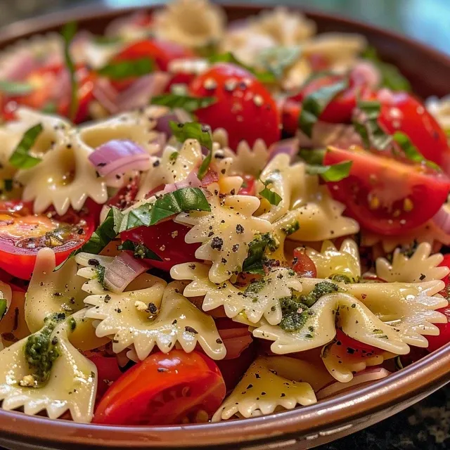 A Bowl of Sunshine: The Bow Tie Pasta Salad That Brings Us Together A detailed look at a bowl of Bow Tie Pasta Salad, showcasing the pasta, tomatoes, and pesto dressing.