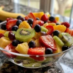 A side view of a bowl filled with mixed fresh fruits including strawberries, pineapple, grapes, and kiwi, garnished with honey and lime juice.