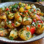 Detailed image of a crispy potato salad with visible potatoes, peppers, and walnuts.