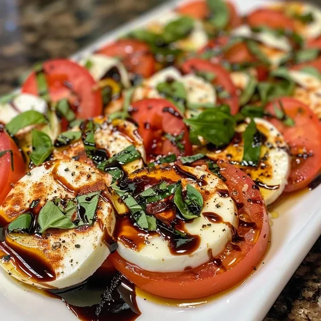 A Symphony of Freshness: Caprese Salad with Balsamic Whispers Side view of a colorful Caprese salad with layers of mozzarella, tomatoes, and basil, garnished with balsamic glaze.