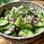 Juicy cucumber salad featuring a creamy dressing and red onion bits.