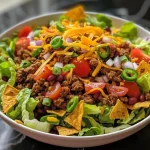 Side view of a taco salad piled high with beef, beans, and fresh veggies.