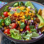 A vibrant taco salad bowl with lettuce, tomatoes, cheese, and avocado.