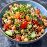 Juicy Chickpea Salad with fresh vegetables and a creamy peanut curry dressing.