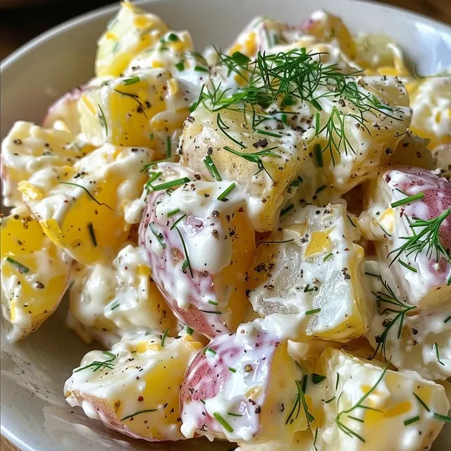 Nostalgic Potato Salad: A Taste of Family Gatherings Detailed view of a classic potato salad with chunks of potatoes and a mayonnaise dressing.