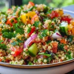 Juicy Mediterranean quinoa salad filled with chopped vegetables and herbs.