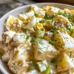 Detailed image of Dill Potato Salad with ingredients like dill pickles and fresh herbs prominently displayed.
