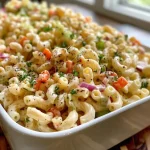 Detailed side view of a classic macaroni salad showcasing its ingredients, including celery and bell pepper.