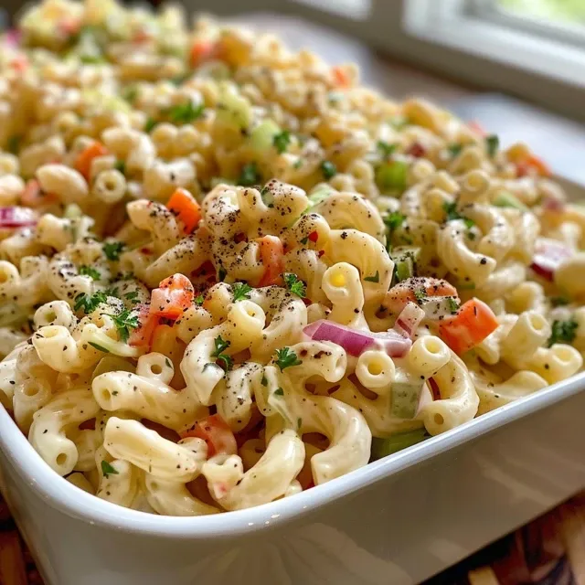 A Heartfelt Classic: The Macaroni Salad That Brings Us Together Detailed side view of a classic macaroni salad showcasing its ingredients, including celery and bell pepper.