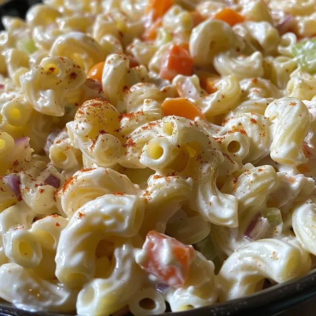 Gather ‘Round: The Macaroni Salad That Sparks Joy Juicy macaroni salad filled with elbow macaroni, celery, and bell peppers, garnished with herbs.