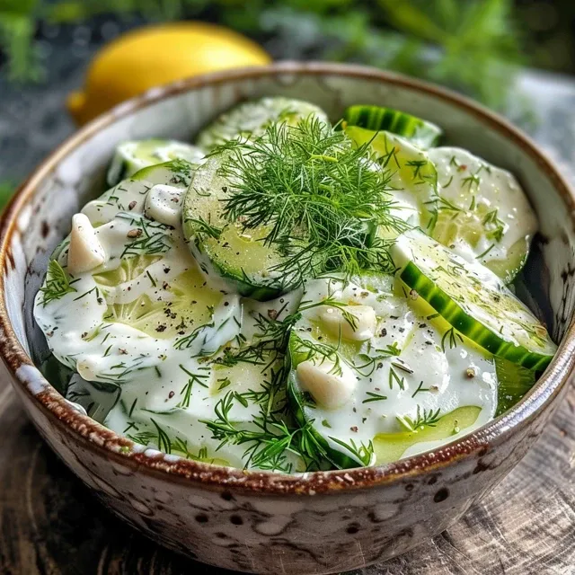 A Refreshing Embrace: Cucumber Yogurt Salad for Every Gathering Detail shot of cucumber yogurt salad with dill, garlic, and lemon zest.