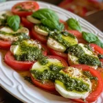 Fresh basil leaves scattered atop a colorful arrangement of tomato and mozzarella in a Caprese salad.