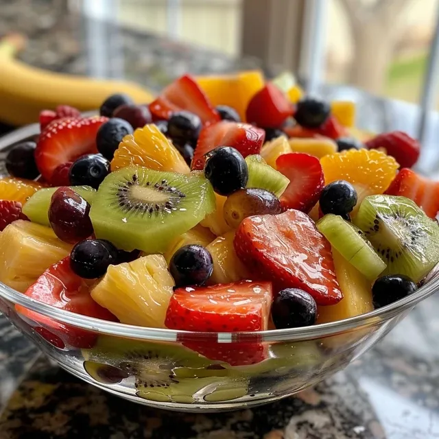 The Fruit Salad That Brightens Every Family Gathering A bowl filled with assorted fresh fruits like strawberries, blueberries, and banana, topped with a rich creamy dressing.